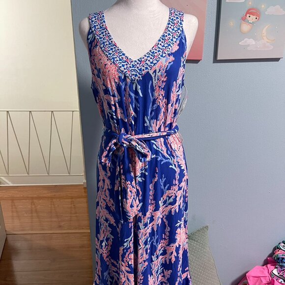 Lilly Pulitzer Dresses & Skirts - LILLY PULITZER Madsen Midi Dress Swim On Over Borealis Blue Pink Coral Size L